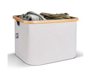 HENNEZ Canvas Kallax Storage Boxes for Shelves - Foldable Laundry Basket Kallax Insert - Collapsible Wardrobe Storage Box Towel Storage Baskets for Linen Toy Cube Storage Box Organiser, Bamboo Handles
