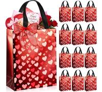 Henoyso 12 Party Favor Bags with Handle Iridescent Reusable Iridescent Gift Bags Non-woven with Gift Sturdy Cardboard Bottom for Christmas, Weddings and Xmas Holiday, 12.6 x10.6 x3.9 (Heart)