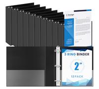 Henoyso 12 Pcs 3 Ring 2 Inch Binders Fits 8.5 x 11 Inch Letter Size Paper, Plastic Black Flexible Binders with View Cover and 2 Pockets, 375 Sheets Capacity for Office School