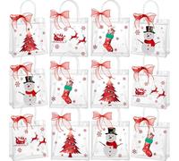 Henoyso 12 Pcs Christmas Clear Gift Bags Plastic Candy Treat Goodie Bags Snowman Santa PVC Wrap Totes with Handles and Ribbon Xmas Party Favors (Snowman and Christmas Tree,7.8 x 7.8 x 3.1)