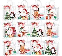 Henoyso 12 Pcs Christmas Clear Gift Bags Plastic Candy Treat Goodie Bags Snowman Santa PVC Wrap Totes with Handles and Ribbon Xmas Party Favors (Santa and Snowman,7.8 x 7.8 x 3.1)