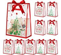 Henoyso 12 Pcs Christmas Clear Gift Bags with Bow Ribbon Reusable PVC Favor Bags with Handles 7x10x3.15 Plastic for Christmas Swag Event Wedding Birthday Baby Shower Party(Santa Bells)