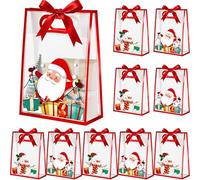Henoyso 12 Pcs Christmas Clear Gift Bags with Bow Ribbon Reusable PVC Favor Bags with Handles 7x10x3.15 Plastic for Christmas Swag Event Wedding Birthday Baby Shower Party (Santa Claus)