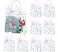 Henoyso 24 Pcs Snowflake Clear Gift Bags PVC Christmas Winter Party Favors Bags Plastic Candy Goodie Treat Tote with Handles and Ribbon, 7.8 x 7.8 x 3.1 Inches(Purple, Blue, White,Snowflakes)