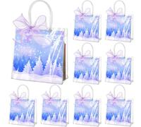 Henoyso 24 Pcs Snowflake Clear Gift Bags PVC Christmas Winter Party Favors Bags Plastic Candy Goodie Treat Tote with Handles and Ribbon, 7.8 x 7.8 x 3.1 Inches(Gradient Purple and Blue,Snow)
