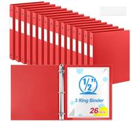 Henoyso 26 Pack 0.5 Inch 3 Ring Binder Round Ring, Bulk 1/2 Inch Binders Hold 140 Sheets with Pocket, Fits US Letter Size 8.5" x 11" Paper, Document Organizer for Back to School Classroom Office (Red)