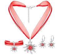 Henoyso 3 Pcs Oktoberfest Jewelry Set for Women Bavarian Jewelry Set, Adjustable Choker Necklace Bracelet Rhinestone Earrings, Red Organza Style, velvet ribbon, organza, sturdy metal, rhinestones, No