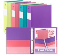 Henoyso 4 Pack Two-Tone View 3 Ring Binder, 1.5 Inch Round Ring Binder with Four Inner Pockets, Heavy Duty View Binders for School and Office, Pink, Teal, Purple and Lime (Basic Cover)