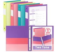Henoyso 4 Pack Two-Tone View 3 Ring Binder, 1 Inch Round Ring Binder with Four Inner Pockets, Heavy Duty View Binders for School and Office, Pink, Teal, Purple and Lime (Clear Font Pocket)