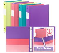 Henoyso 4 Pack Two-Tone View 3 Ring Binder, 1 Inch Round Ring Binder with Four Inner Pockets, Heavy Duty View Binders for School and Office, Pink, Teal, Purple and Lime (Basic Cover)
