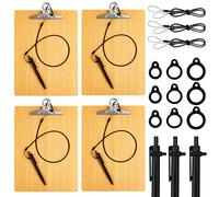 Henoyso 4 Pcs 9 x 12.5 Inch A4 Wood Clipboards with Pen Attached Include 10 Sets 24 Inch Pen Leash and Rubber Ring Metal Buckles Clips Attaches to Clipboard for Home School Office Supplies
