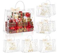 Henoyso 8 Pcs Extra Large Clear Christmas Gift Bags Plastic Totes with Handles and Ribbon 16" x 6" x 12" Gift Wrap Bags for Candy Treat Goodie Xmas Shopping Wedding Birthday (Christmas Tree,Bells)