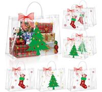 Henoyso 8 Pcs Extra Large Clear Christmas Gift Bags Plastic Totes with Handles and Ribbon 16" x 6" x 12" Gift Wrap Bags for Candy Treat Goodie Xmas Shopping Wedding Birthday(Christmas Tree,Socks)