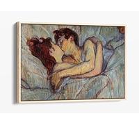 Henri Lautrec In Bed The Kiss Love Canvas Floater Frame Print Picture Art - Light Oak Frame 36 inch wide x 24 inch high