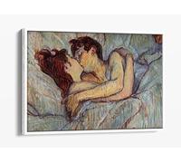 Henri Lautrec In Bed The Kiss Love Canvas Floater Frame Print Picture Art - White Frame 18 inch wide x 12 inch high