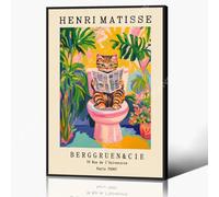 Henri Matisse Canvas Picture, Funny Animal Bathroom Poster, Cute Tabby Cat on Toilet, Print Pink Dopamine Bathroom Wall Decoration, Tropical Plant and Animal Picture, 30 x 40 cm Framed