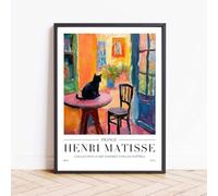 Henri Matisse Wall Art Print, Matisse Style Open Window Cat Poster, Framed Kitchen Picture, Matisse Wall Art Aesthetic Room Decor for Bedroom Bathroom, Colourful Modern Home (A3 - FRAMED (Black))
