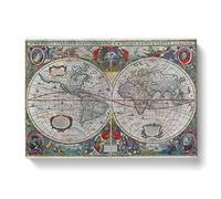 Henricus Hondius II World Map 3 Vintage Canvas Wall Art Print Ready to Hang, Framed Picture for Living Room Bedroom Home Office Décor, 50x35 cm (20x14 Inch)