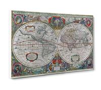 Henricus Hondius II World Map Vol.3 Canvas Print | Gallery Wrapped 30mm Frame Wall Art | 20x14 inches | Ready to Hang | Retro Maps Picture | Living Room Bedroom Lounge Office