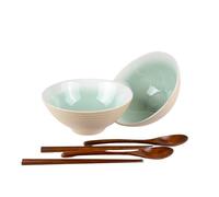Henrrida 1200 ml Ramen Bowl Set of 2 40 OZ Bring Wooden Chopsticks,Ramen Spoon Japanese Large Soup Bowls,Salad,Cereal Bowls,Noodle Bowl Microwave and Dishwasher Safety (Teal)