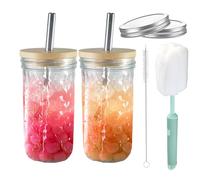 Henrrida 2 PCS 24 Oz Bubble Tea Cup Glass Cups with Lids and Straws,Mason Jars,Reusable Iced Coffee Cup,Suitable for Drinking, Water, Cocktails, Whiskey, Bubble 710ml