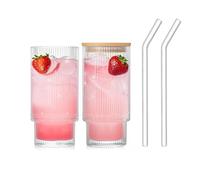 Henrrida 2 PCS Glass Cups with Lids and Straws, Retro Transparent Glassware, 11 Oz Reusable Ribbed Glasses, Suitable for Whiskey, Beer, Matcha Glass, Juice Iced Latte Glass, Cocktails, Glass Cups