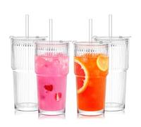 Henrrida 4 PCS 600ml Glass Cups with Lids and Straws,Iced Coffee Cup,Transparent Sealed Glass with Straw and Lid, Cocktail, Matcha Glass,Smoothie Cup 20 OZ