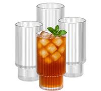 Henrrida 4 PCS Iced Coffee Glass, Retro Transparent Glassware, 11 Oz Reusable Ribbed Glasses, Suitable for Whiskey, Beer, Matcha, Juice Iced Latte Glass, Cocktails