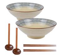 Henrrida Ceramics Ramen Bowls Set of 2 Japanese Noodle Bowl with Chopsticks and Spoon Applicable to Lamian Noodles, Spaghetti and Fruit Salad 640ml,Ramen Bowl Dishwasher Washable Microwave Safe 7 ″