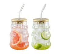 Henrrida Glass Tumblers with Lids and Straws,500 Ml Iced Coffee Glass, Transparent Ribbed Iced Coffee Cup, Suitable for Smoothie Whiskey Beer,Soda Water,Tea, Various Beverages
