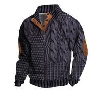 Henry Men's Turtle Neck Jumper With Elbow Patches Cable Knit Sweater Stand Up Collar Long Sleeve Button Winter Pullover Thick Knitwear