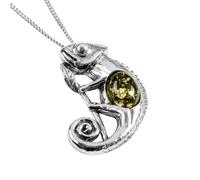 HENRYKA 925 Sterling Silver Climbing Chameleon Necklace in Green Baltic Amber, Lizard Gecko Reptile Jewellery, Statement Jewellery