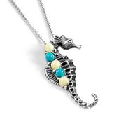 HENRYKA 925 Sterling Silver Seahorse Necklace in Baltic Amber & Turquoise, Seahorse Gifts, Sea-life Jewellery, Summer Holiday Pendant