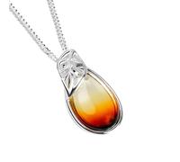 HENRYKA 925 Sterling Silver Sunset Teardrop with Leaf Necklace with Genuine Cognac Baltic Amber | Botanical Pendant Accessory | Hypoallergenic Women's Jewellery & Gift with Box for Her