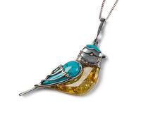 HENRYKA Blue Tit Necklace - Silver, Amber & Turquoise Bird Necklace on a 18" Silver Chain with Gift Box
