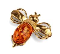 HENRYKA Bumble-Bee Honeybee Brooch, 925 Sterling Silver & 24ct Gold Plate, Baltic Cognac Amber | Coat Pin for Pins for Men and Women | Insect Jewellery