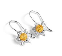 HENRYKA Daffodil Flower Hook Earrings - 925 Solid Sterling Silver & Baltic Amber | Beautiful & Spring Floral Symbolism | Lovely Gift or Bridesmaid Accessory | Hypoallergenic | Pair With Any Outfit