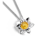 HENRYKA Daffodil Flower Necklace Pendant - 925 Solid Sterling Silver & Baltic Amber | Welsh & Spring Floral Symbolism | Lovely Gift or Bridesmaid Accessory | 45 cm chain | Pair With Any Outfit