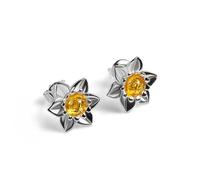 HENRYKA Daffodil Flower Stud Earrings - 925 Solid Sterling Silver & Baltic Amber | Welsh & Spring Floral Symbolism | Bridesmaid Accessory | 10 mm x 10 mm | Pair With Any Outfit