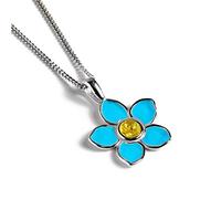 HENRYKA Forget Me Not Necklace in 925 Sterling Silver with Baltic Amber | Hand-Painted Flower Petals | 25mm x 15mm Pendant & 18" Chain | Womens Jewellery with Gift Box | Remember Me Gifts for Women