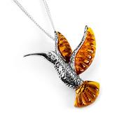 HENRYKA Hummingbird Necklace in Silver & Amber on a 18" Silver Chain with Gift Box