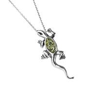 HENRYKA Lizard Necklace in 925 Sterling Silver and Green Baltic Amber, Salamander Gift, Statement Necklace, Gecko Reptile Jewellery Gift, Boho Necklace, Silver Charms Jewellery