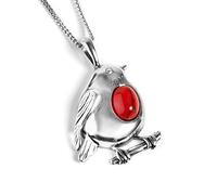 HENRYKA Red Robin Bird Necklace in 925 Sterling Silver and Coral, Christmas Festive Jewellery, Bird Lover Gift
