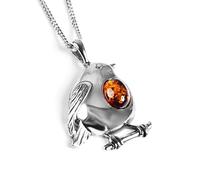 HENRYKA Robin Bird Necklace in 925 Sterling Silver and Baltic Cognac Amber, Christmas Festive Jewellery, Bird Lover Gift