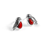 HENRYKA Robin Stud Earrings 925 Sterling Silver & Red Coral | Highly Detailed Classic British Bird Design | Great Year-Round Gift for Bird Lovers | 10 mm x 7 mm | Hypoallergenic | Presentation Box