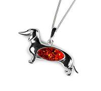 HENRYKA Sausage Dog Dachshund Necklace in 925 Sterling Silver and Baltic Cognac Amber, Wiener Dog Charm, Dog Lover Gift