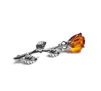 Henryka Silver Brooch With Amber Rose | 925 Sterling Silver & Orange Amber | Elegant Vintage Style | Detailed Rose Design | Great Gift for Mum, & Grandma | Stunning Orange Stone | 47 mm x 10 mm