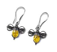 HENRYKA Silver & Honey Amber Bumble-Bee Earrings | 925 Sterling Silver Honey Bee Dangle Earrings | Cute Fashion Accessory & Jewellery Gift for Her & Women