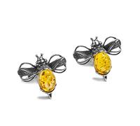 HENRYKA Silver & Honey Amber Bumble-Bee Studs | 925 Sterling Silver Honey Bee Gemstone Earrings | Cute Fashion Accessory & Jewellery Gift for Her & Women