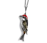 HENRYKA Small Woodpecker Bird Necklace in 925 Sterling Silver, Coral and Baltic Amber, Bird Necklace, Woodland Jewellery, Nature Lover Gift